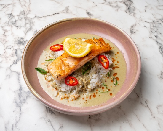 Miso-glazed salmon over rice with lemon and chilli